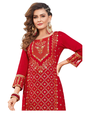 Chili Red Desinger Kurti with Gold Foil Works and Grey Sharara Pant 1