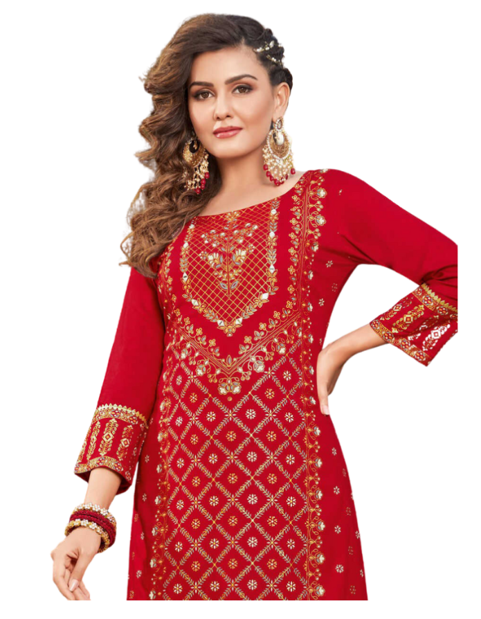 Chili Red Desinger Kurti with Gold Foil Works and Grey Sharara Pant 1