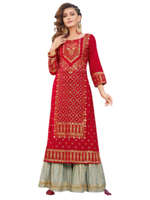 Chili Red Desinger Kurti with Gold Foil Works and Grey Sharara Pant