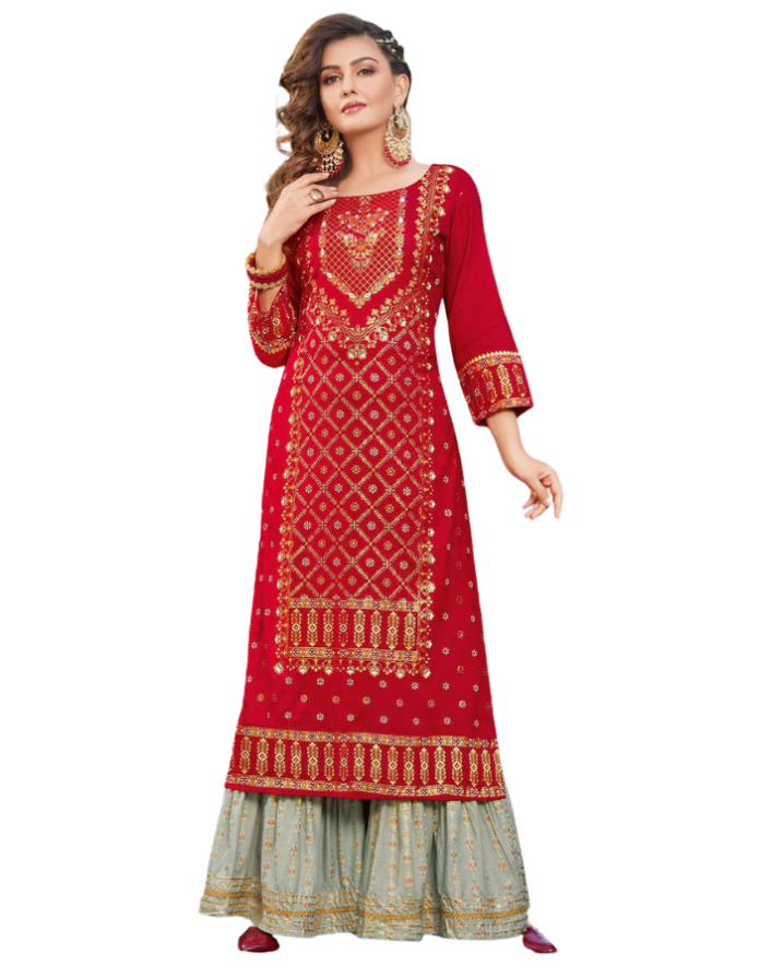 Chili Red Desinger Kurti with Gold Foil Works and Grey Sharara Pant