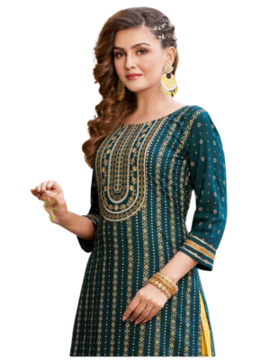 Bright Green Designer Kurti with Gold Foil Works and Yellow Sharara Pant
