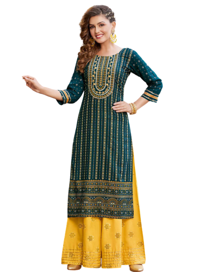 Bright Green Designer Kurti with Gold Foil Works and Yellow Sharara Pant