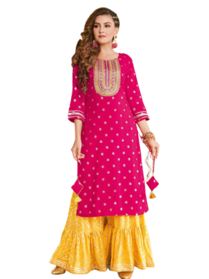 Fuss-free and chic, this bright pink tunic is the perfect pick for any event, the grandeur design is made of a symmetrical gold foil print and comes with yellow sharara pants.