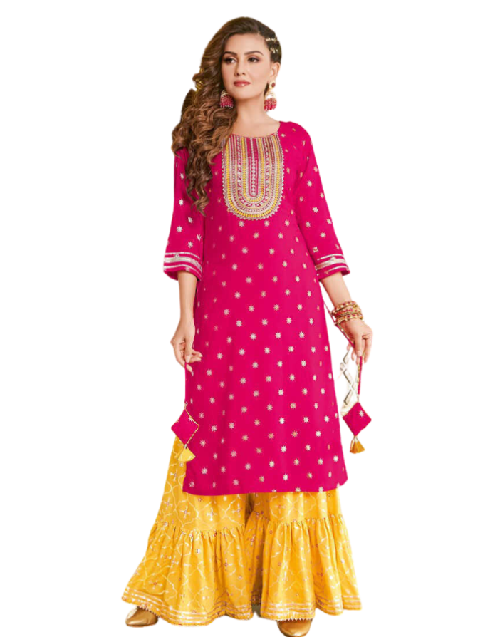 Fuss-free and chic, this bright pink tunic is the perfect pick for any event, the grandeur design is made of a symmetrical gold foil print and comes with yellow sharara pants.